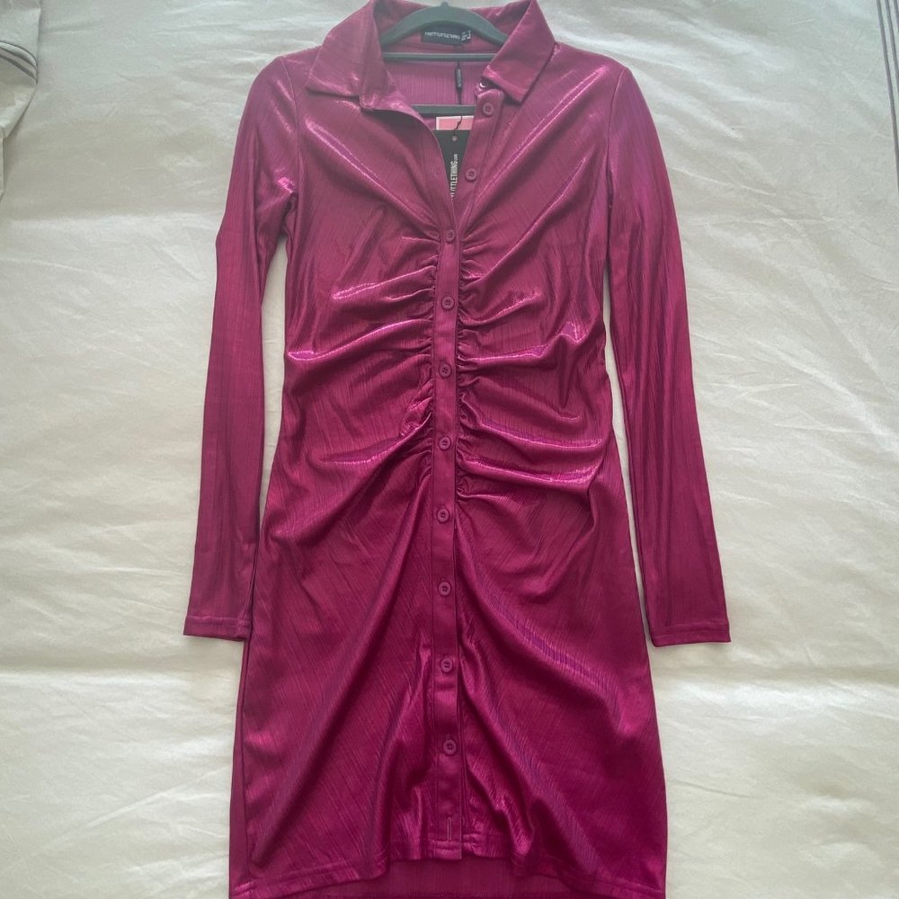 PLT - NWT - HOT PINK METALLIC LONG SLEEVE RUCHED SHIRT DRESS